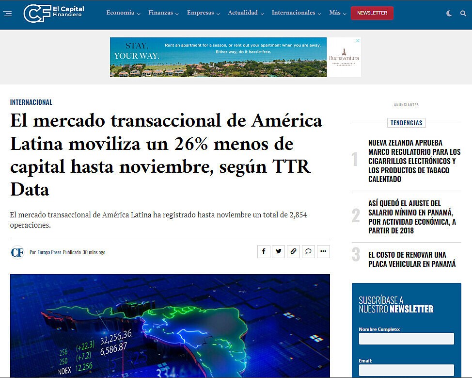 El mercado transaccional de Amrica Latina moviliza un 26% menos de capital hasta noviembre, segn TTR Data